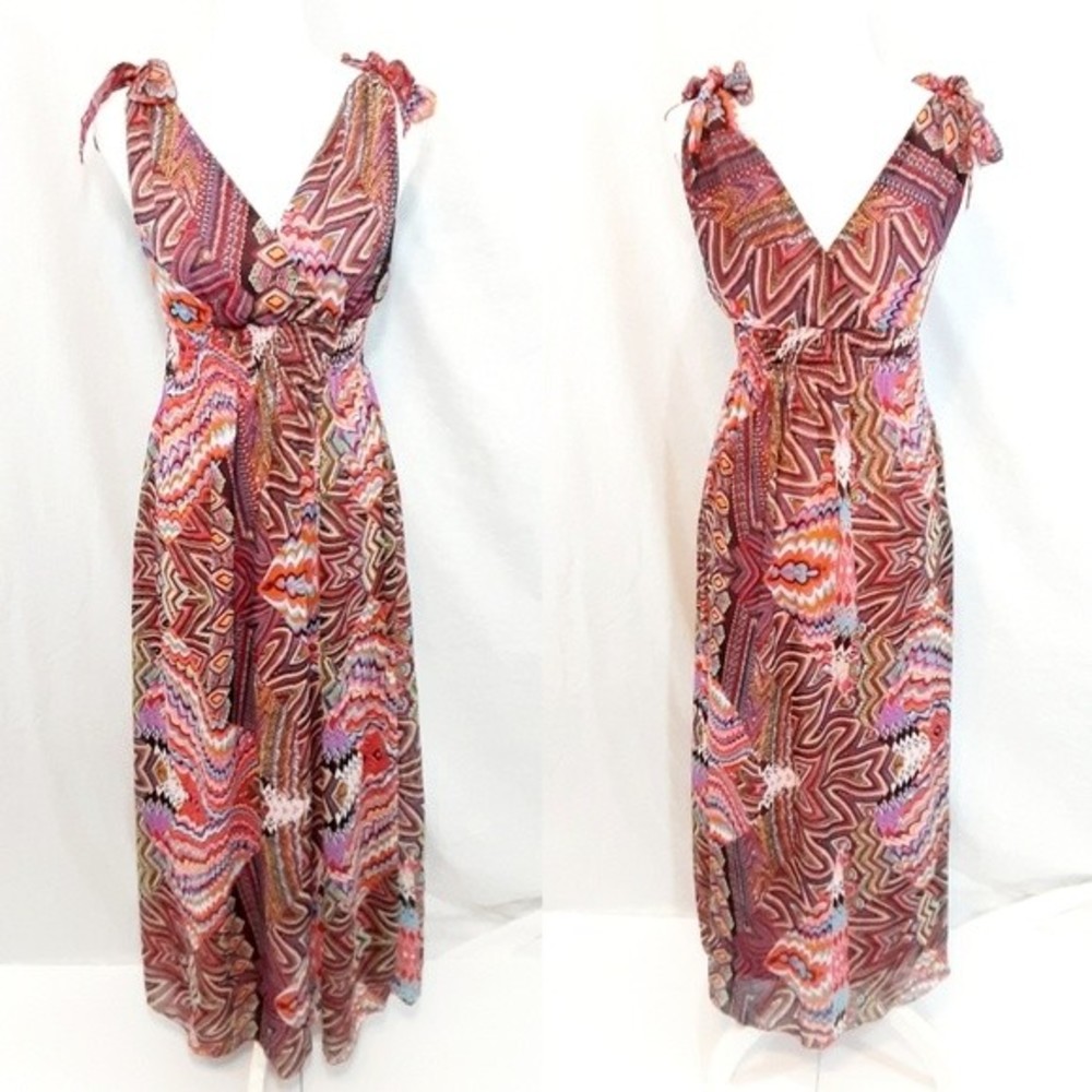 FX Empire Waist Maxi Dress Small Tie Shoulder Straps Boho Multicolor Print